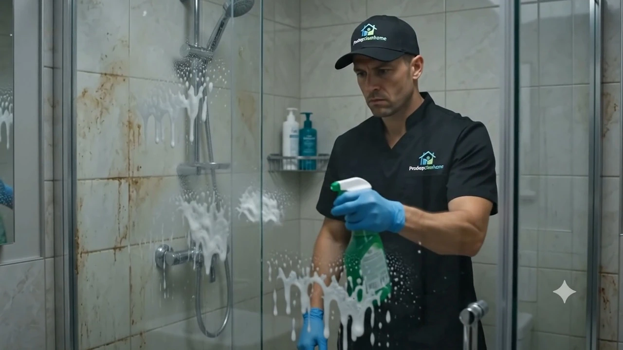 Cleaning a glass shower door.