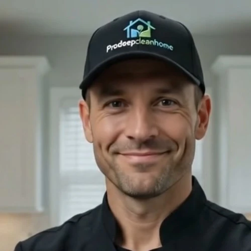 A cleaner in a Pro Deep Clean Home cap and uniform.